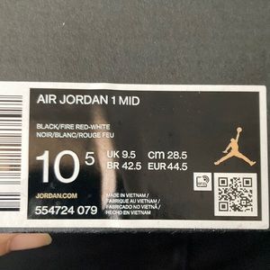 These are a size 10.5 Air Jordan 1 Mid Black/Fire Red-White just a little crease